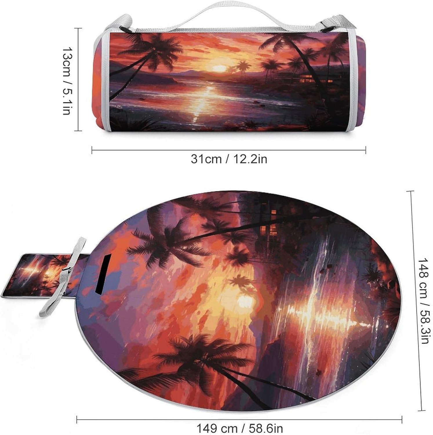 Colorful Tropical Sunset Picnic Mat Lightweight Waterproof Picnic Blankets Extra Large Picnic Outdoor Blankets Foldable Sandproof Beach Blanket for Park Beach Camping Courtyard 58.3''x58.3''