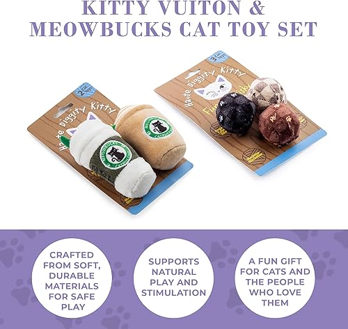 Miniatura 5 de Vuiton - Juego de bolas a cuadros + catpuccino Meowbucks, juguetes de peluche para gatos rellenos de hierba gatera con sonido interactivo de