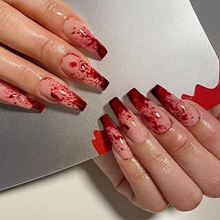 24Pcs Horror Gothic Press on Nails Long Halloween Goth Fake Nails Scary Bloody Design Acrylic Glossy Artificial Nail Full Cover Stick on Nails for Women Halloween False Nails for Nail Art Decorations