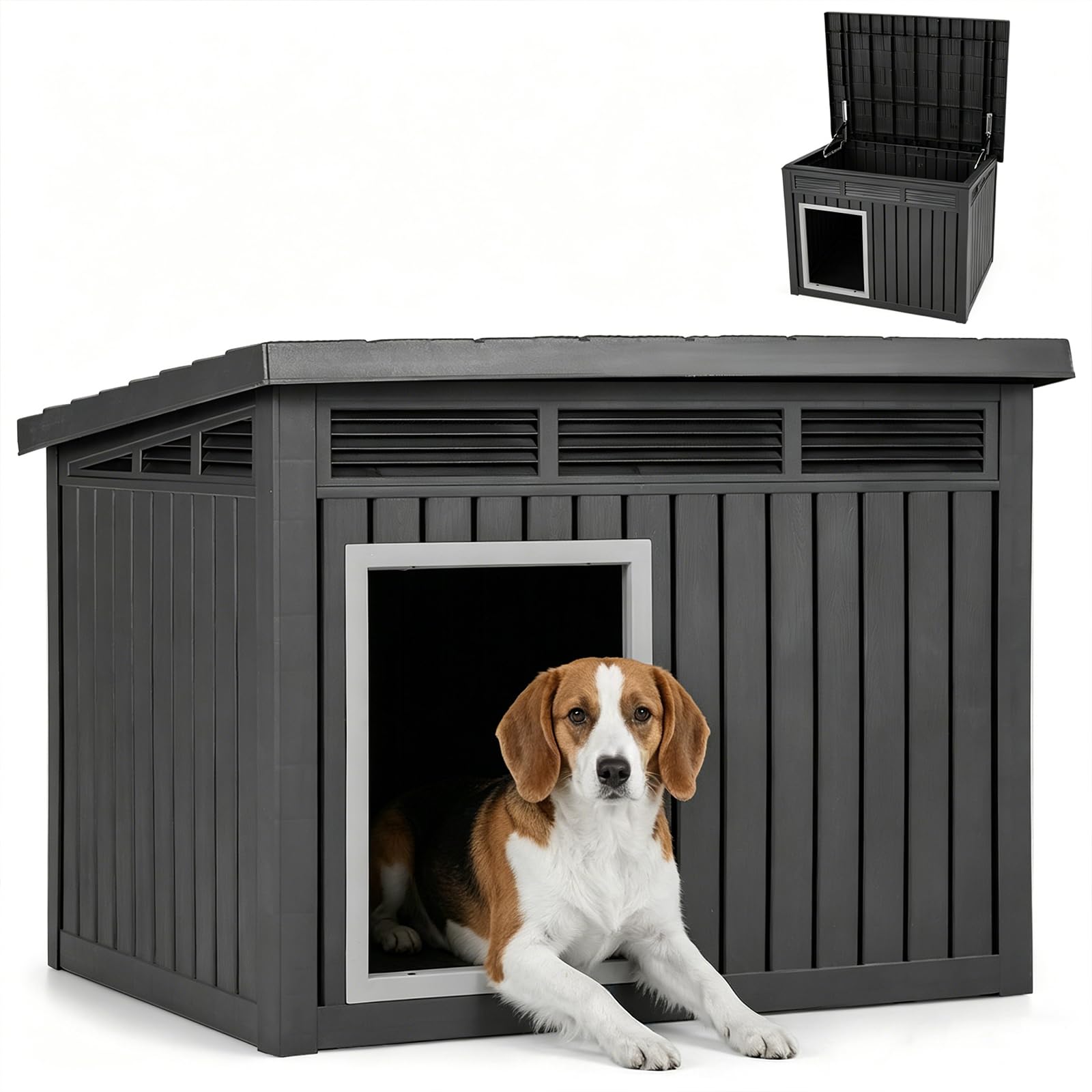 GYMAX Hundehütte Outdoor, Hundehaus für mittelgroße Hunde, Isoliert & Wetterfest, Kleintierhaus mit aufklappbarem Schrägdach, Lüftungsöffnungen & Drainagelöchern, 81 x 64 x 61 cm, Schwarz