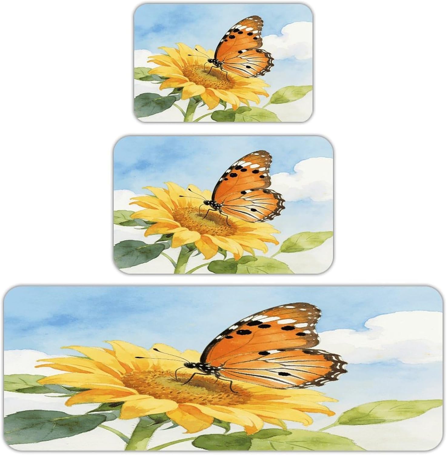 Butterfly Picking Flower Powder Kitchen Rugs Sets of 3 Non Slip Kitchen Mat for Floor Comfort Standing Rug and Mats Thick Cushioned Long Area Carpets for Laundry Room Entryway