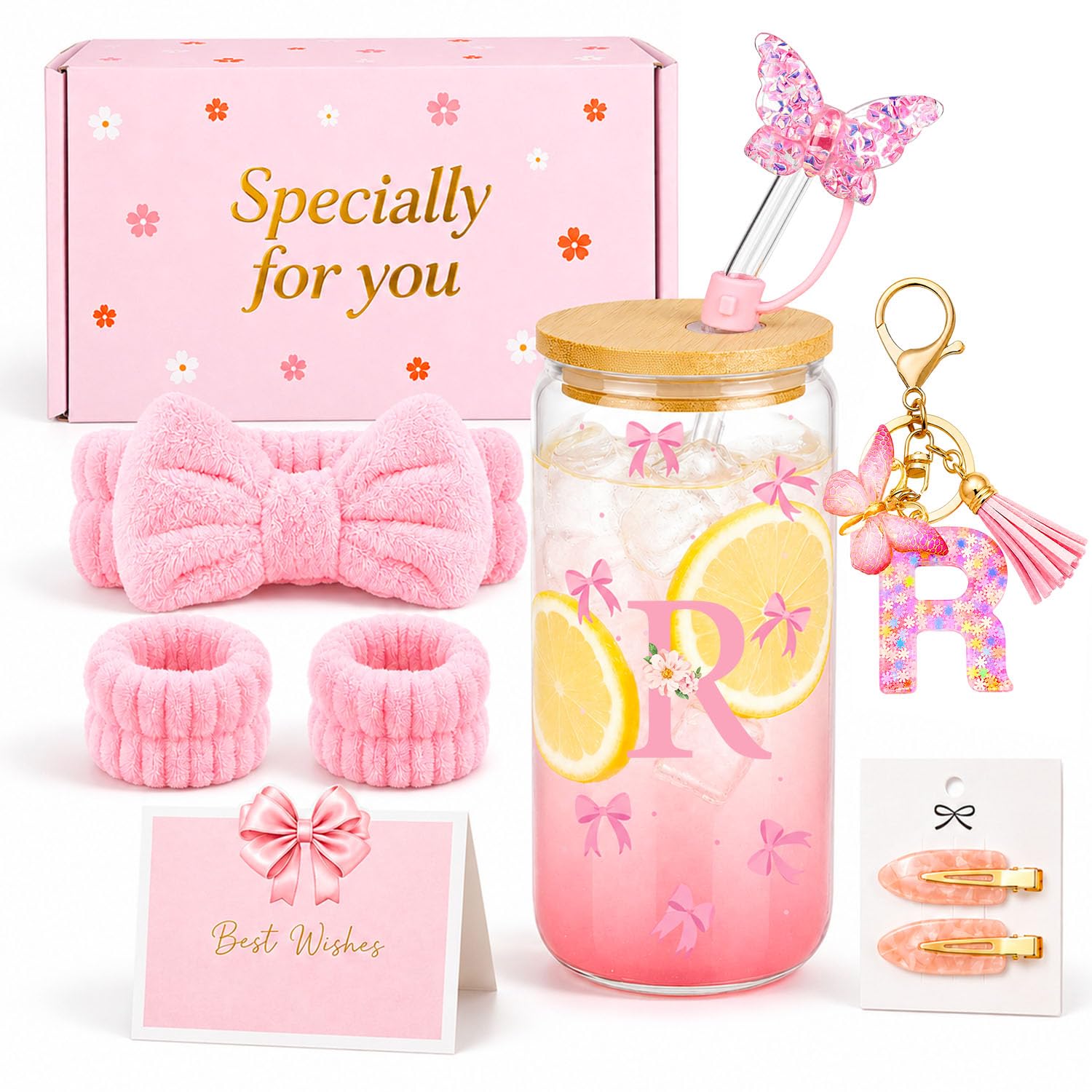 TUZELIYA R Personalised Initial Gifts for Girls - Letter Glass Tumbler Gift Set with Bow Headband, Pink Birthday Gift Set for Teen Girls, Best Friend, Daughter, Sister, Niece