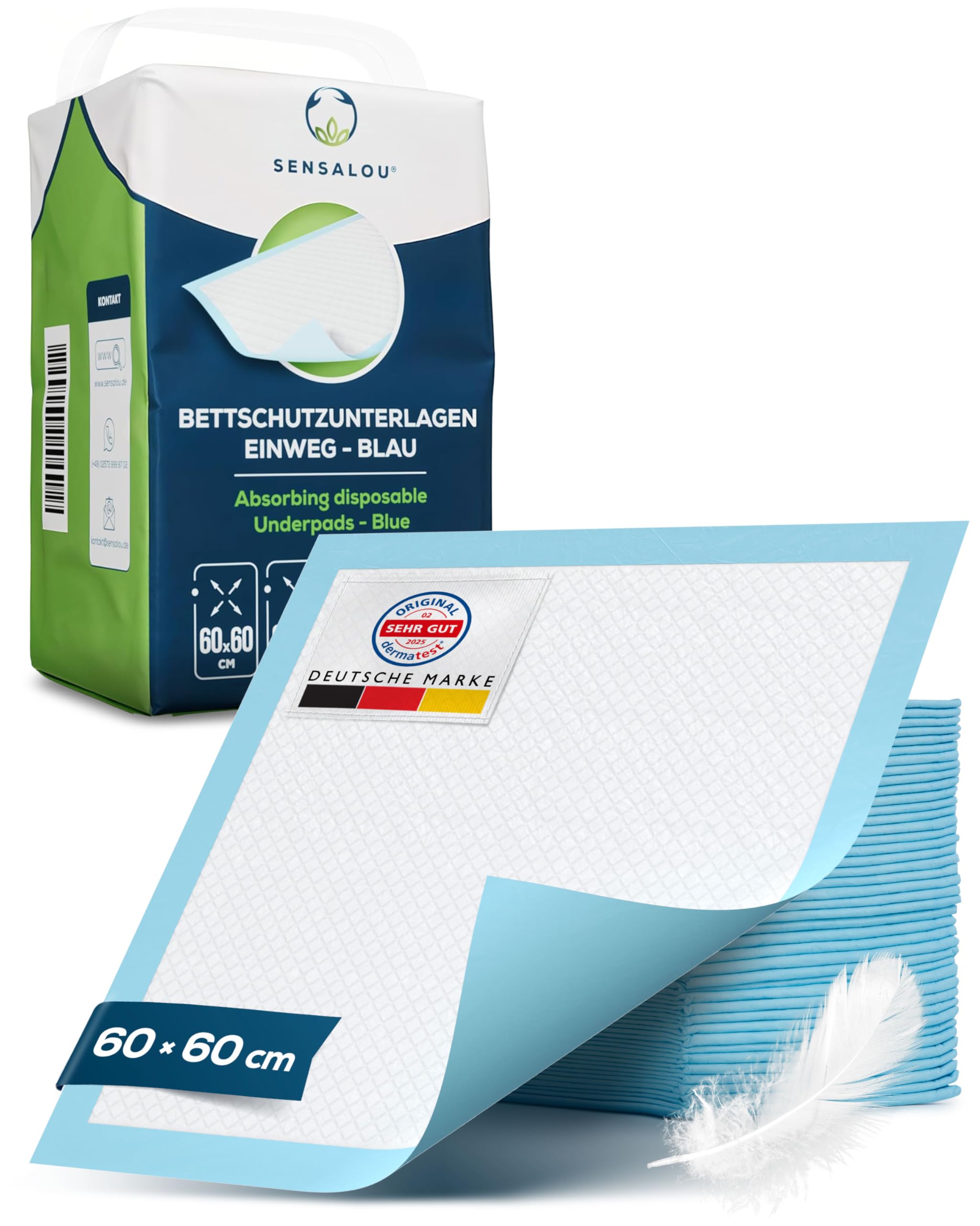 Sensalou Einweg Unterlagen 60x60 cm – 50 Stück – Saugstarke Bettschutzauflagen für Baby, Pflege, Inkontinenz, Tiere – wasserdichte Betteinlagen, Wickelunterlagen, Krankenunterlagen, Hygieneschutz