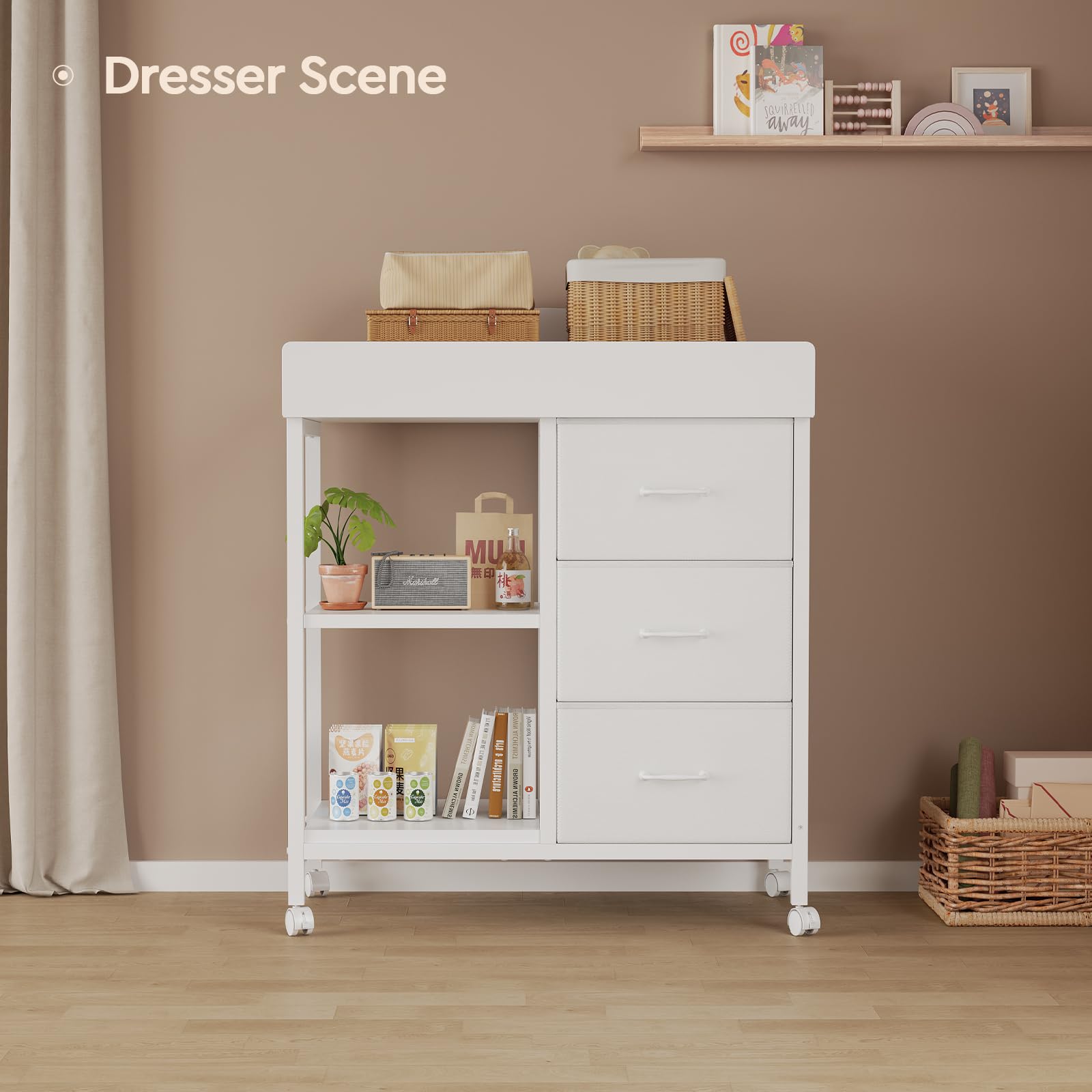 Changing Table Dresser, Baby Dresser with 3 Fabric Drawers and 2 Shelves, Multi-Functional Baby Changing Table with Pad, Classic Nursery Dresser, Diaper Changing Station for Nursery, White