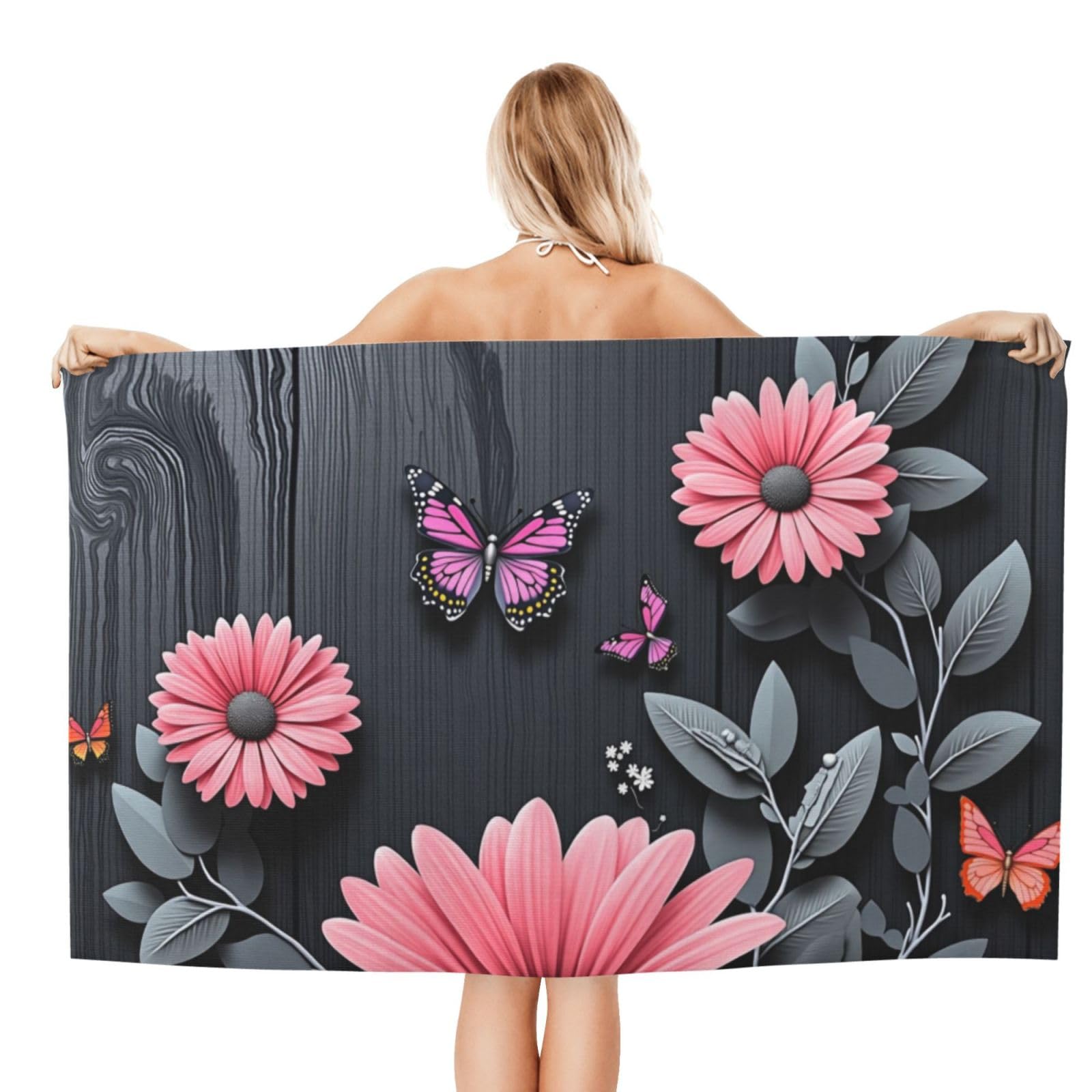 Anceky Beach Towel for Women, Floral Butterfly Sand-Free Microfiber Ultra Soft Lightweight Bath Towels for Outdoor Bathroom Swimming 32"X52"