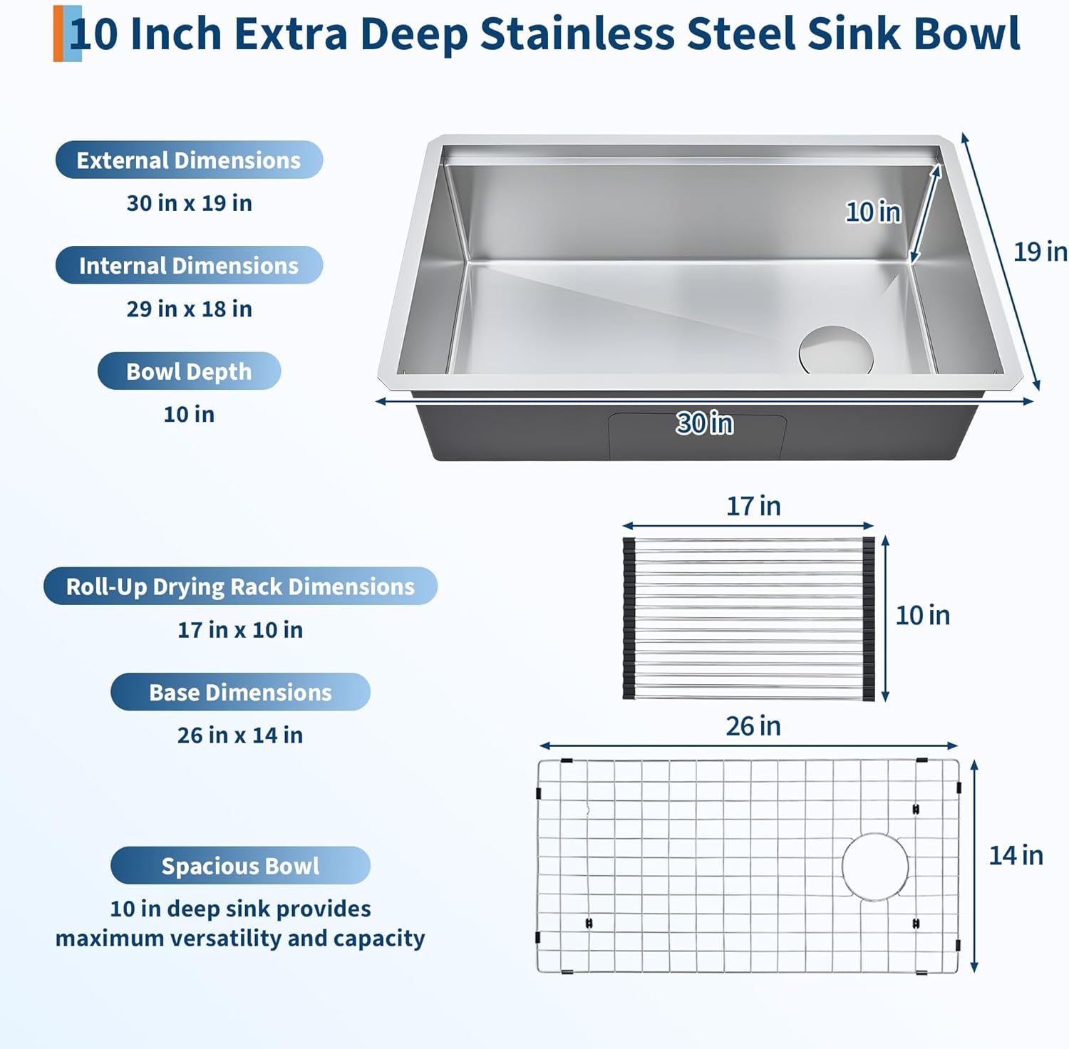 30 X 19 x 10 Inch Stainless Steel Undermount Kitchen Sink, Single Bowl with Accessories and Integrated, Deep Under Counter Kitchen Sinks Basin, Integrated Ledge Design for Modern Home Kitchen