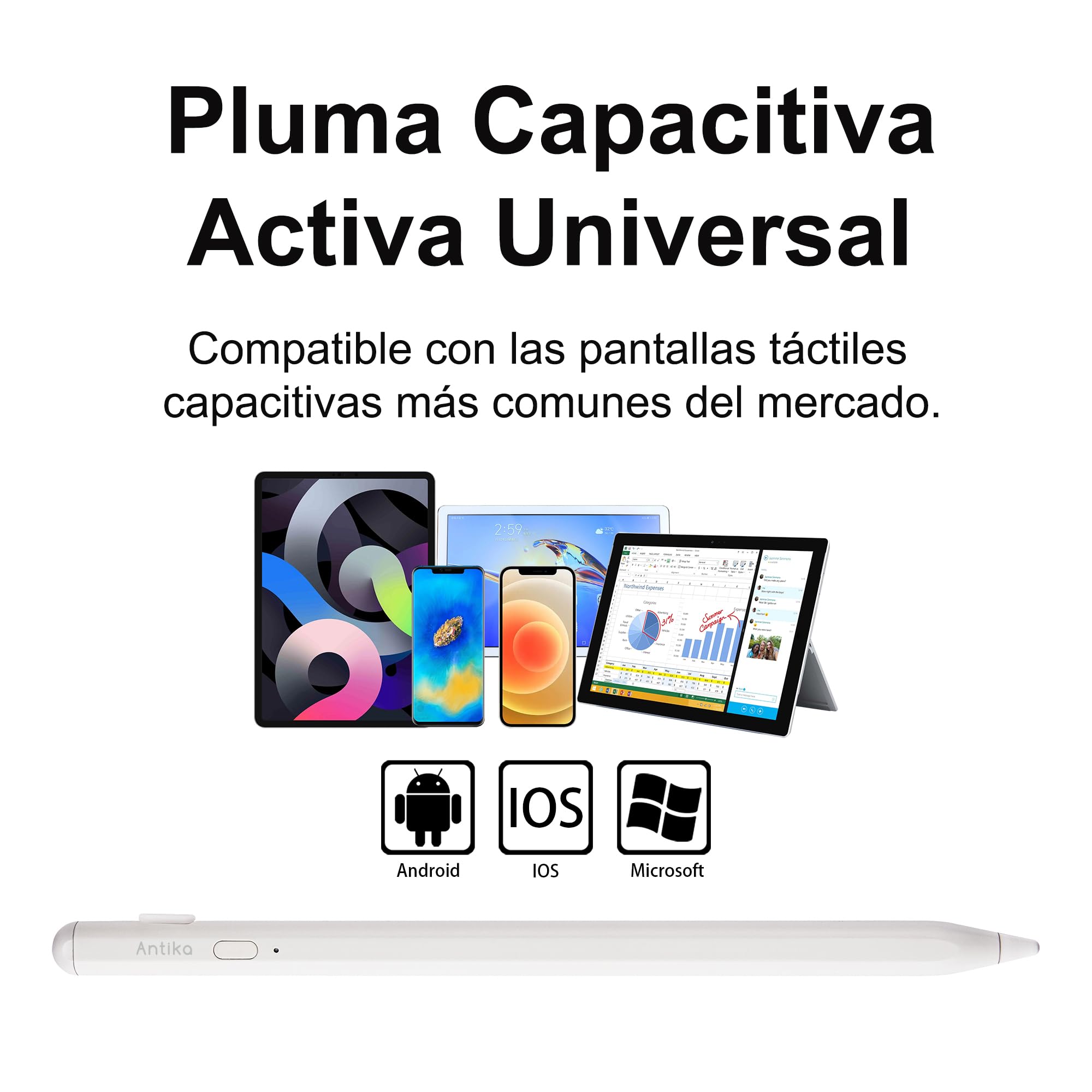 Stylus Pen, Active Stylus Pen Compatible para iOS y Android teléfonos, lápiz óptico Recargable con Pantalla táctil Dual, para Apple/Samsung Tablet, Blanco