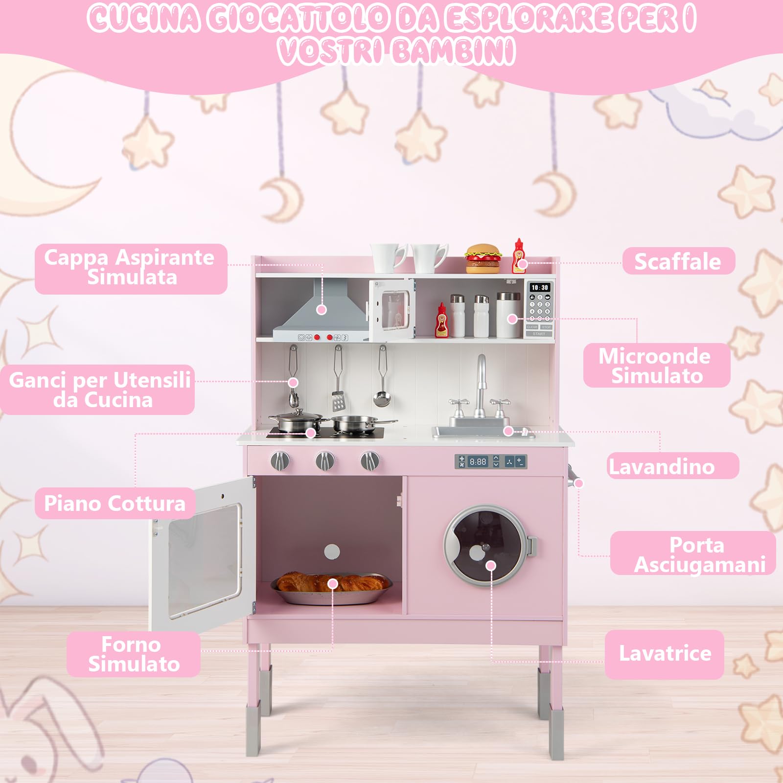 GYMAX Cucina Giocattolo per Bambini in Legno, Gioco Cucina con Accessori, Set da Gioco per Bambini con Luci e Suoni, Kit da Cucina Montessori con Abbricatore di Ghiaccio dai 3 Anni + (Stile 3)