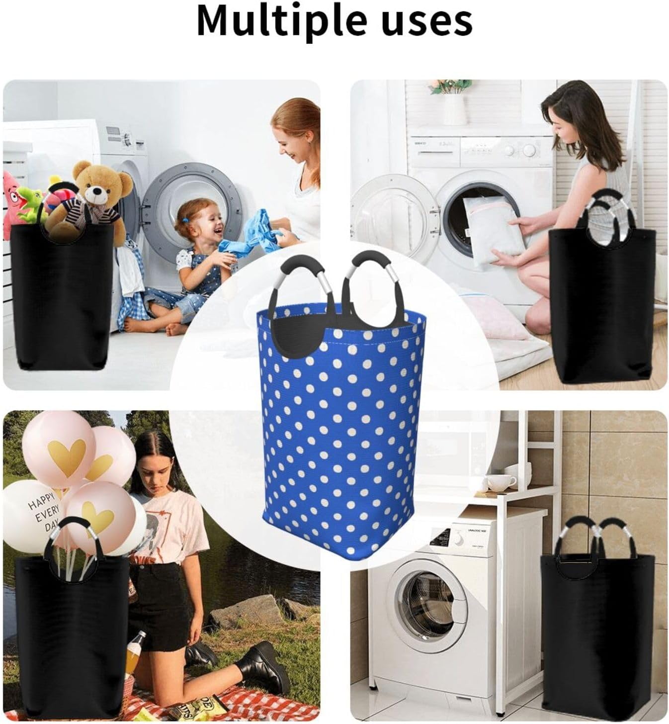 50l Laundry Basket Small Blue Polka Dot Waterproof Laundry Hamper Foldable Clothes Laundry Bag With Handles