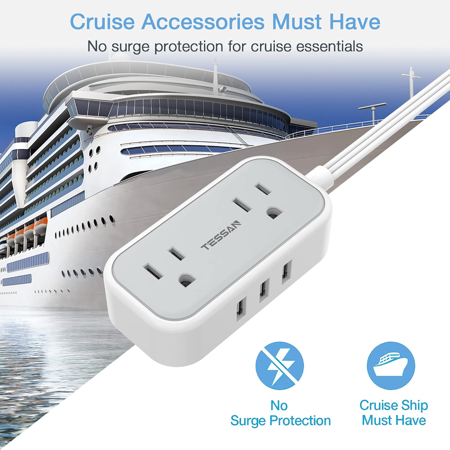 Flat Plug Extension Cord with 3 USB Ports, TESSAN Ultra Thin Power Strip with 2 AC Outlets Cruise Ship Approved, Small 5 ft Low Profile Outlet Concealer for Travel Office School Dorm Room Essentials