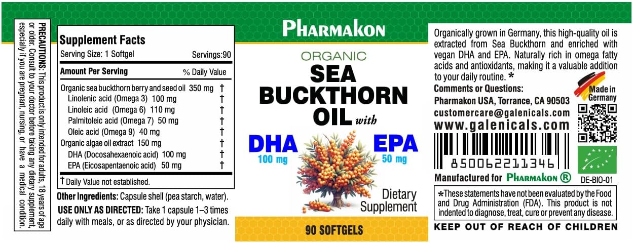 Whole-Fruit Sea Buckthorn Oil, Seed & Berry Blend with Omega 3, 6, 7 & 9, Carotenoids & Vegan DHA/EPA (90 Count)