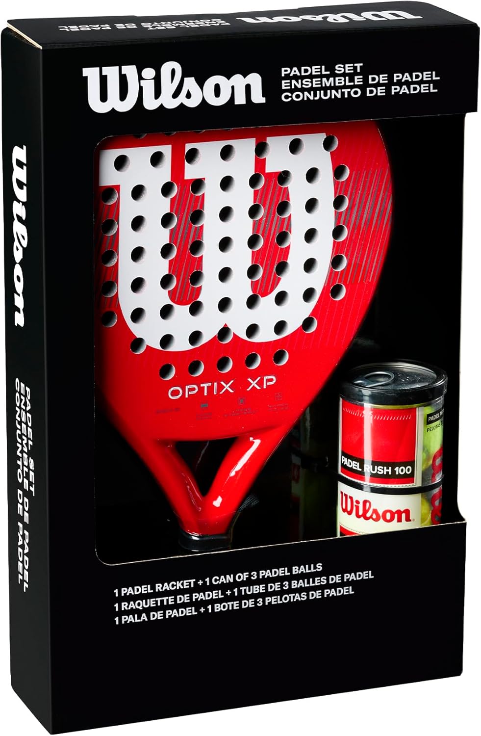 Wilson Optix XP Padel Kit - Red, Featuring the red Optix XP Paddle and Three Wilson Rush 100 Balls