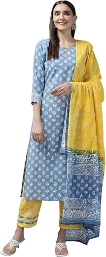 YUFTA Women Blue &amp; Yellow Ethnic Motifs Pure Cotton Kurta with Palazzo &amp; Dupatta_9424SKDBL_