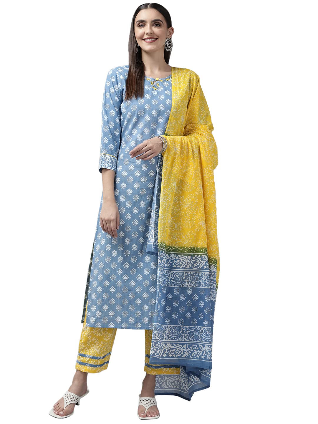 YUFTA Women Blue & Yellow Ethnic Motifs Pure Cotton Kurta with Palazzo & Dupatta_9424SKDBL_ - Review, Price and Buying Guide