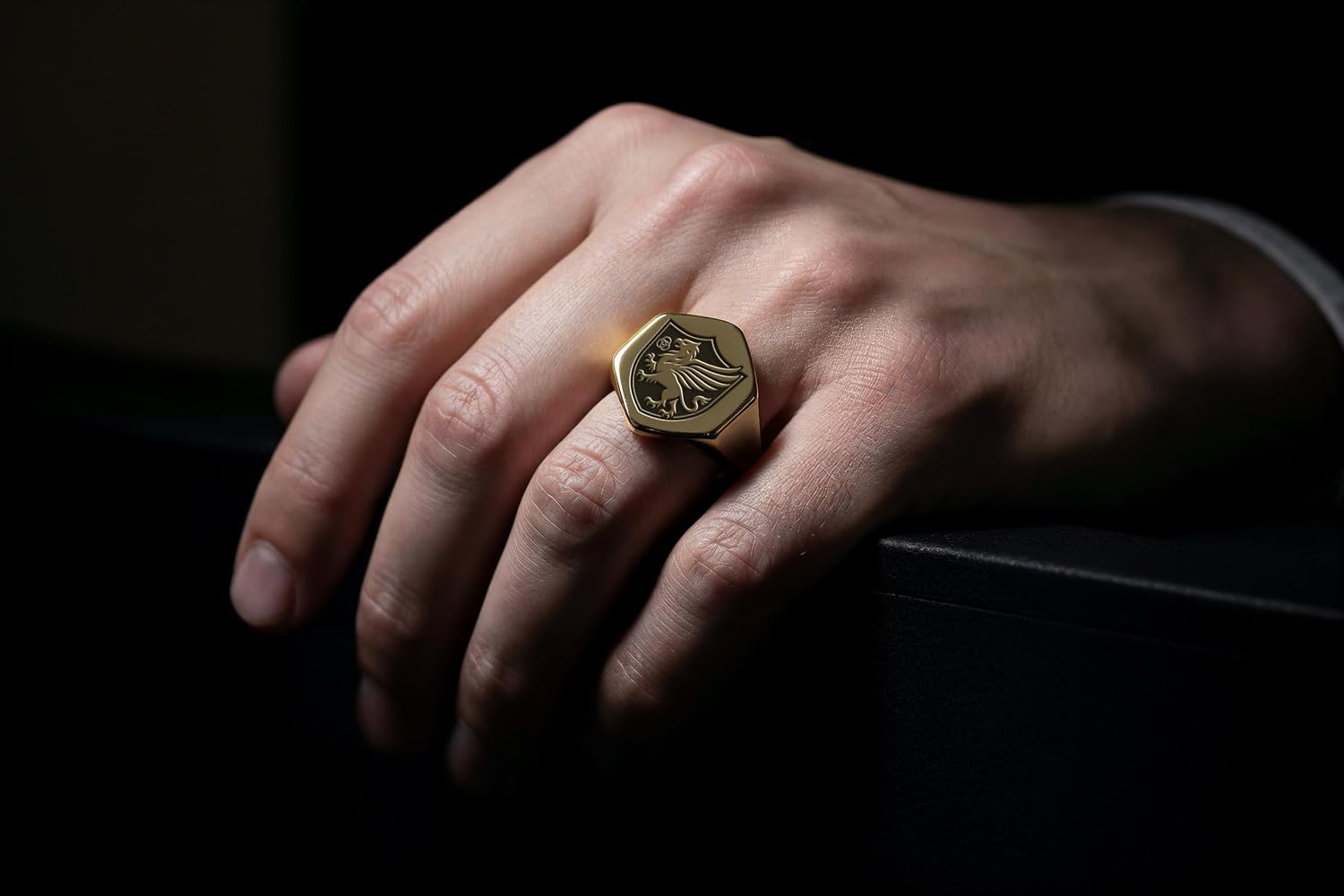 Engraved Griffin Shield Ring · Custom Griffin Jewelry · Unisex Bold Statement Ring · Hexagon Shaped Ring
