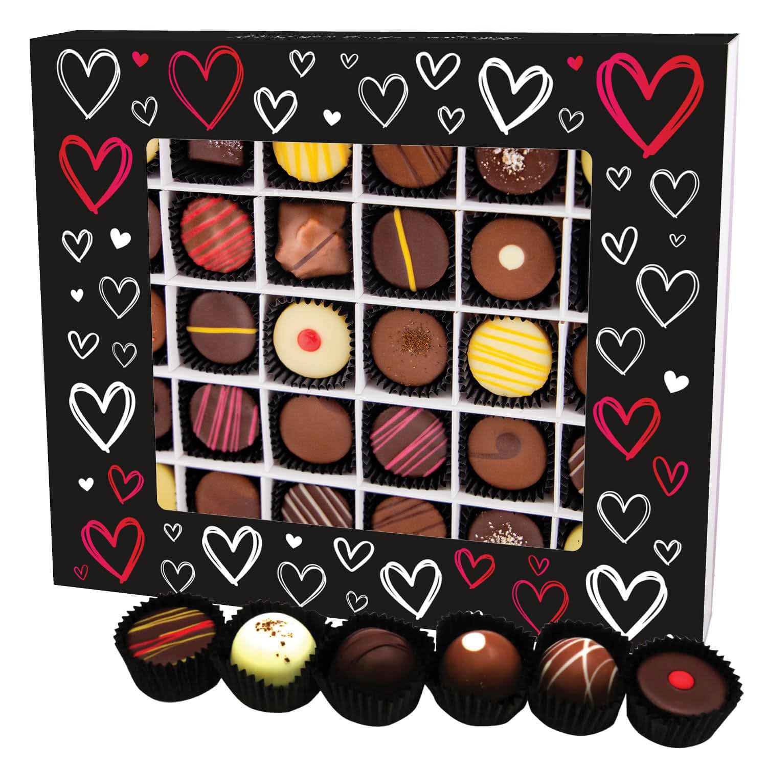 Hallingers Genuss Manufaktur Pralinen Valentinstagsgeschenk - mit & ohne Alkohol, handmade aus Confiserie-Edelkakao in wertiger XXL-Geschenkbox "Love Black", Valentintstag für Frauen Männer