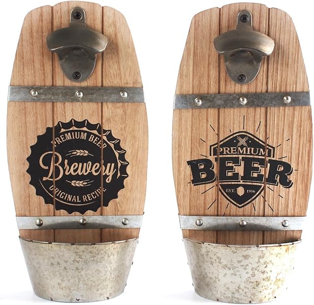 Wooden Wall Mounted Beer Barrel Keg Bottle Opener With Cap Catcher Home Bar Accessory ~ Design Vary