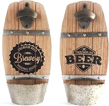 Wall Mounted Wooden Bottle Opener with Cap Catcher, Beer Keg Shape Home Bar Accessories Random Design