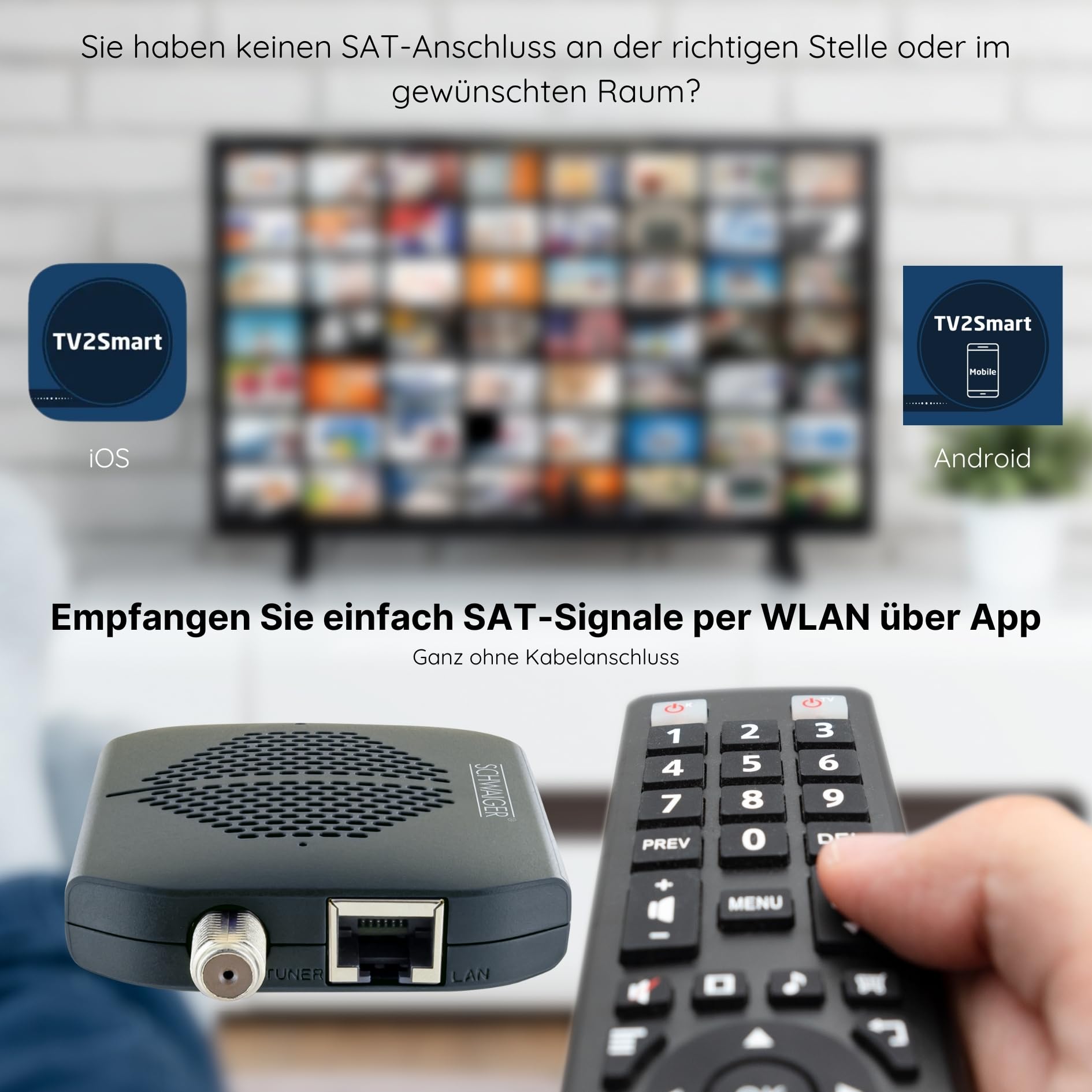 SCHWAIGER Receptor de satélite I Dongle SAT para señales de televisión digital a través de WiFi, transmisión inalámbrica de televisión por satélite a través de WiFi a través de TV2Smart App I Receptor
