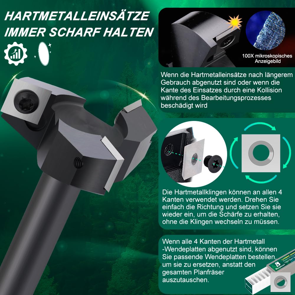 Fresa per fresatura superiore con gambo da 12 mm, diametro di taglio 50,8 mm, dotata di 3 lame intercambiabili in metallo duro da 12 x 12 mm, fresa per fresatura pianificata, fresatura e