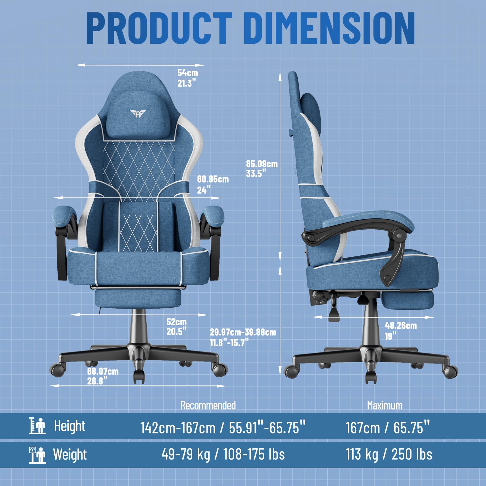 Ferghana Silla Gaming Ergonómica con Masajeador,Silla Gamer con Fabric Transpirable,Soporte Lumbar de Masaje,Reposacabezas,Reposapiés,Silla de Oficina,Silla Ergonómica de PC (Azul,Tejido)