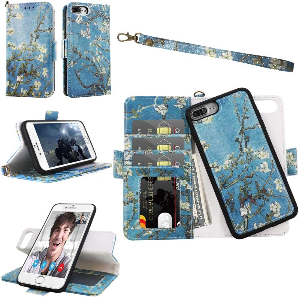 Samgg iPhone 8 Plus / 7 Plus / 6S Plus / 6 Plus Wallet Detachable Case with Wrist Strap, Magnetic Closure - Flip Folio Leather Case with Tempered Glass for Apple iPhone 8/7/6S/6 Plus (Blossom)
