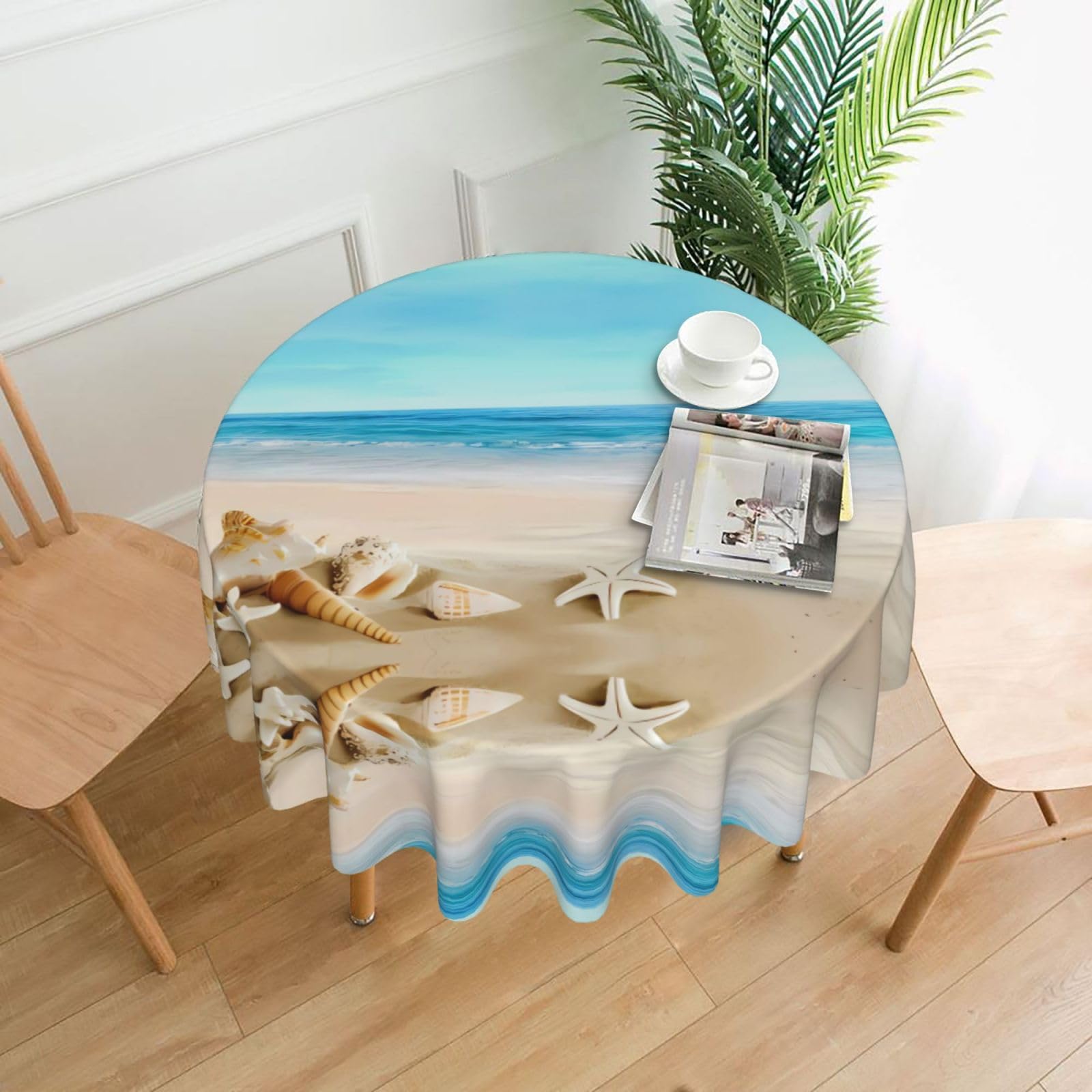 WHJSSF Seashells Sand Prints Round Decorative Table Throw 60 Inch – Waterproof Table Cover for Dining, Coffee Tables, and Outdoor Events