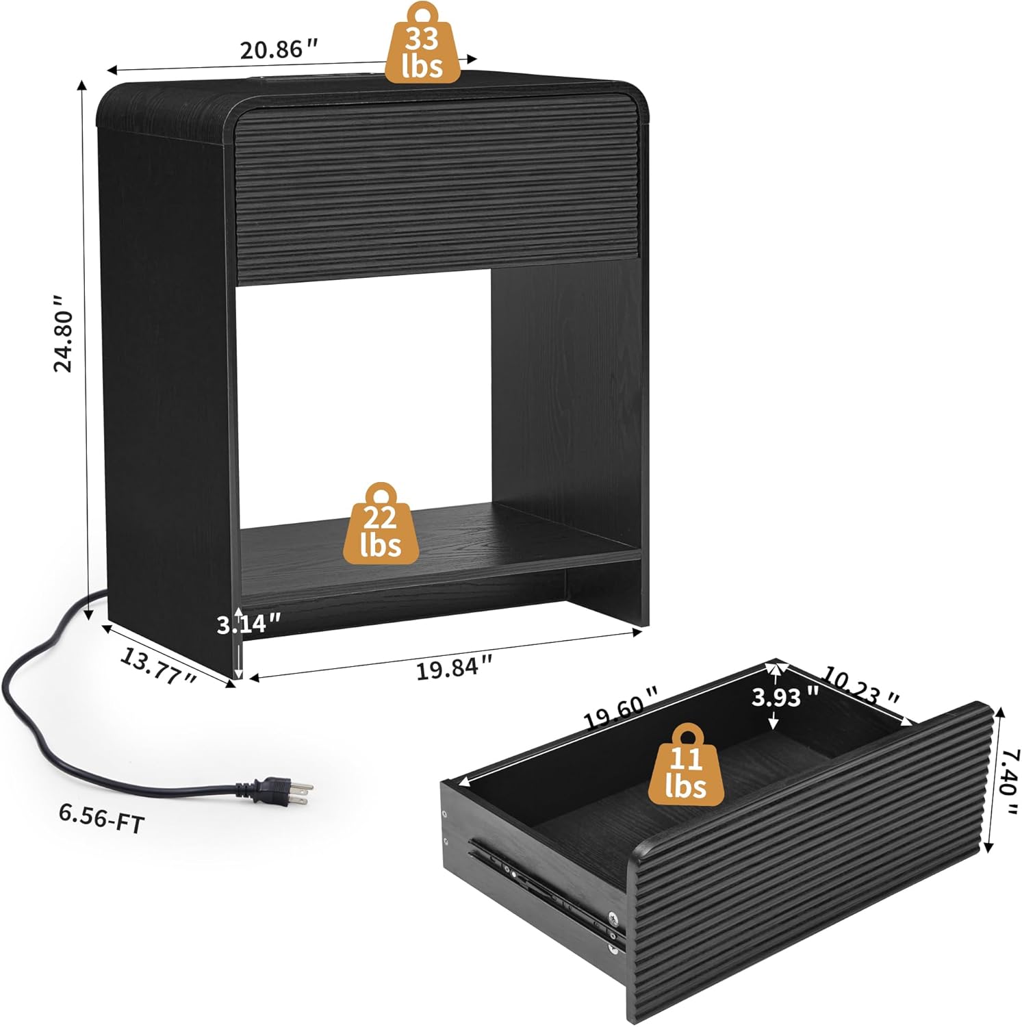 Diagram showing the dimensions of the XUZENEST Fluted Nightstand and its drawer, including weight capacities and power cord length.