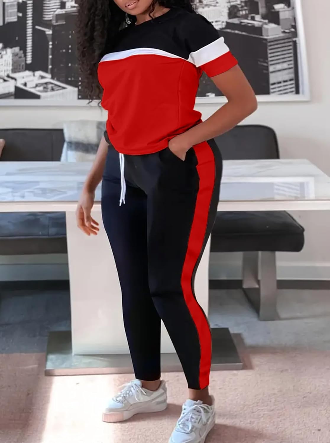 LovelyWholesale Plus Size 2 Piece Outfits for Women Color Block Tracksuit Short Sleeve Top and Pants Set - Image 3