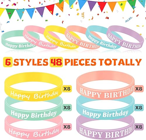Miniatura 10 de BBTO 48 pulseras de goma de cumpleaños, pulseras elásticas de silicona, pulseras de silicona de colores para suministros de fiesta de cumpleaños