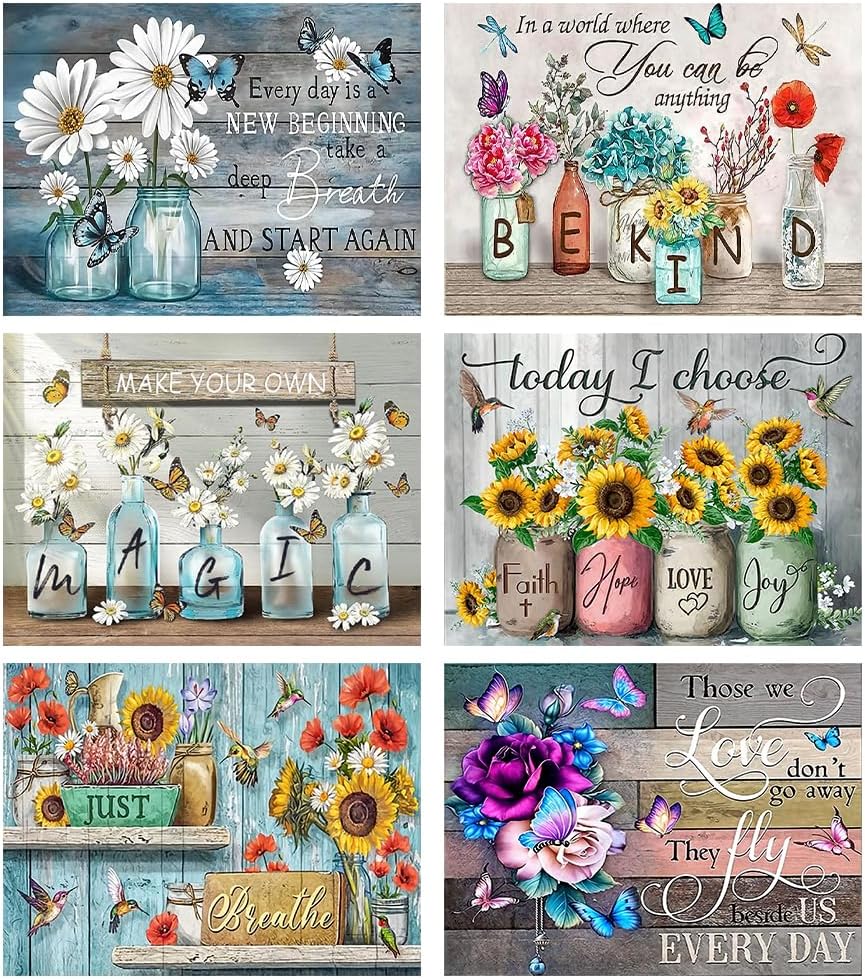 tigdtiu 6 Pack Inspirational Diamond Painting Kits for Adults-5D Diamond Art Kits for Adults Beginner, DIY Flower Full Drill Diamond Dots with Diamonds Picture Gem Art Crafts for Adult Decor 16x12 in