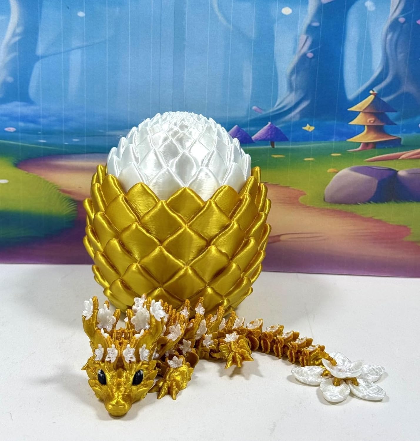 3D Printed Baby Dragon with Dragon Egg, Articulated Baby Dragon, 6" Gold Cherry Blossom Baby Dragon, Fidget ADHD Autism Toy BD004-GOLD-GWE