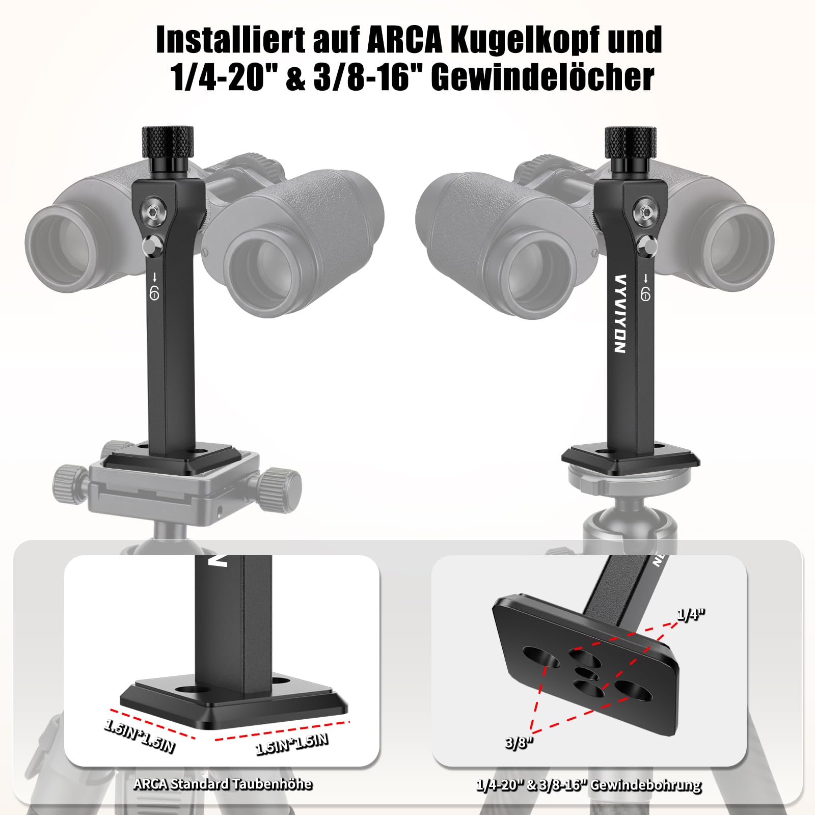 Fernglas Stativadapter mit Arca-Swiss-Platte und 1/4-20"&3/8-16" Gewinde, Kompatibilität mit Porro-Ferngläser und Arca Kugelköpfe, T6061 Aluminiumlegierung Universeller Stativadapter für Vogelbeobach