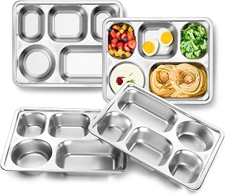 TeamFar Stainless Steel Divided Plates, 4 Pack 5 Sections Dinner Plates for kids Toddler, Metal Lunch Compartment Trays, Portion Control Plates for Adults Balance Lunch, Unbreakable & Dishwasher Safe
