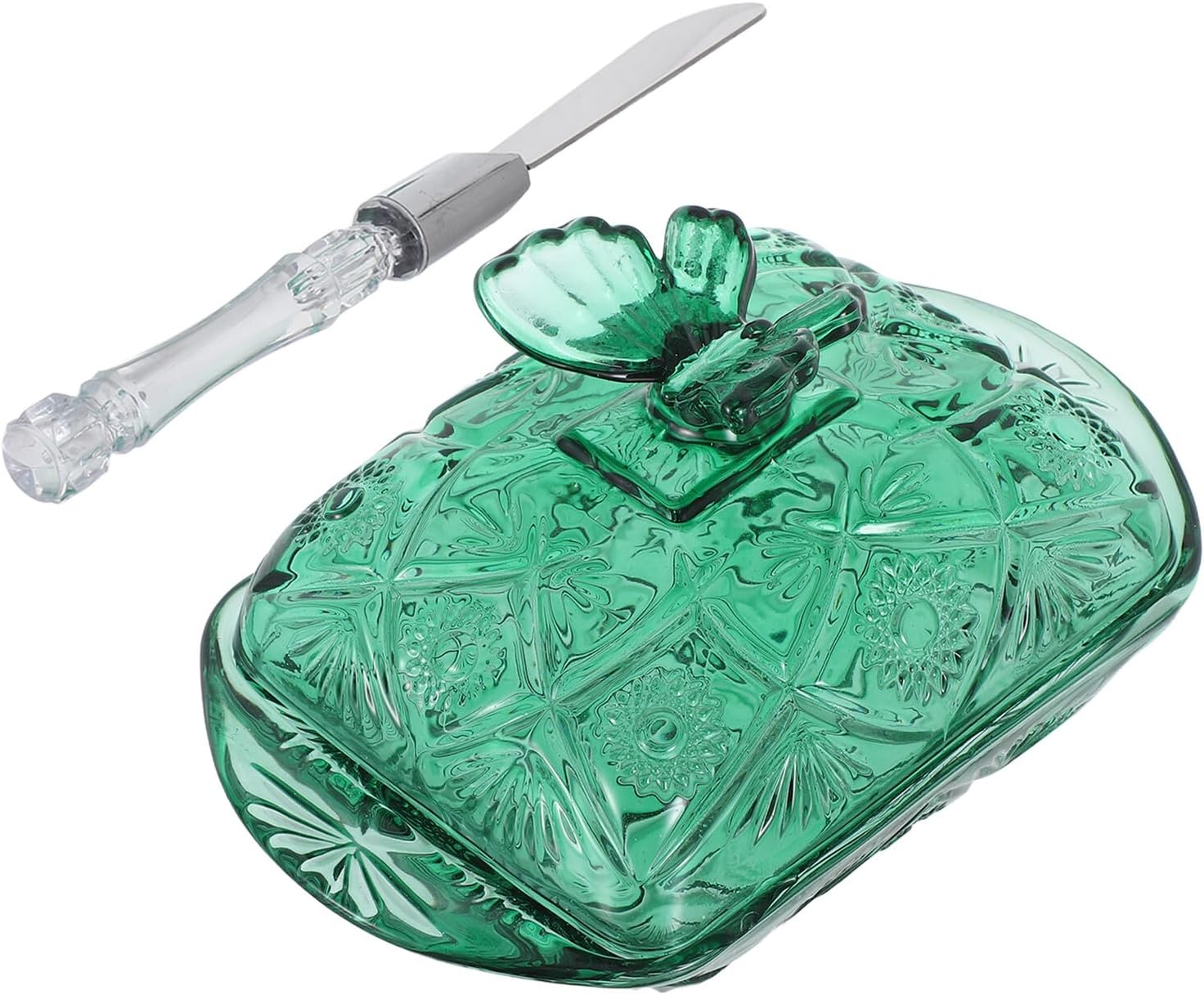 Glass Butter Dish with Lid and Knife, Vintage Green Ribbon Decorative Butter Plate, Airtight Storage for Countertop and Refrigerator Use, 1pcs Set