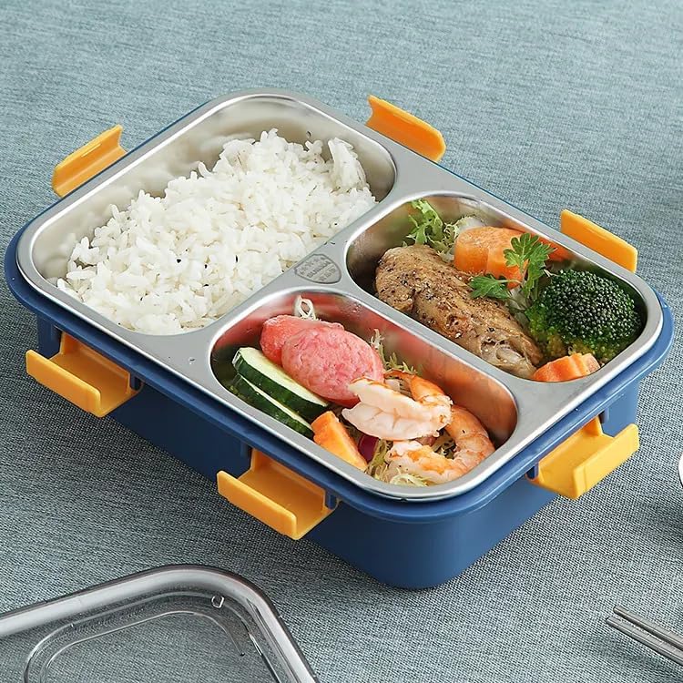 Image of MOMITTLE Lunch Box 3 Compartment Leak-Proof BPA Free Stainless Steel, Lunch Box for Kids, Lunch Box for School & Office with a Fork, a Spoon and a Pair of Chopsticks (Blue), 750 ml