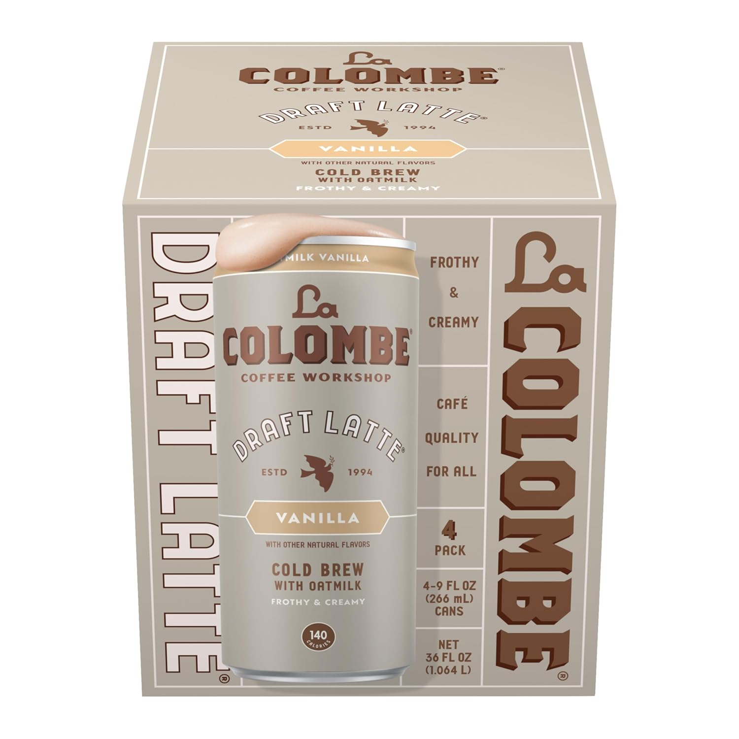 La Colombe Vanilla Draft Latte with Oat Milk 9oz 4-Pack - Dairy-Free Vegan Nitrous Cold Brew, 120mg Caffeine