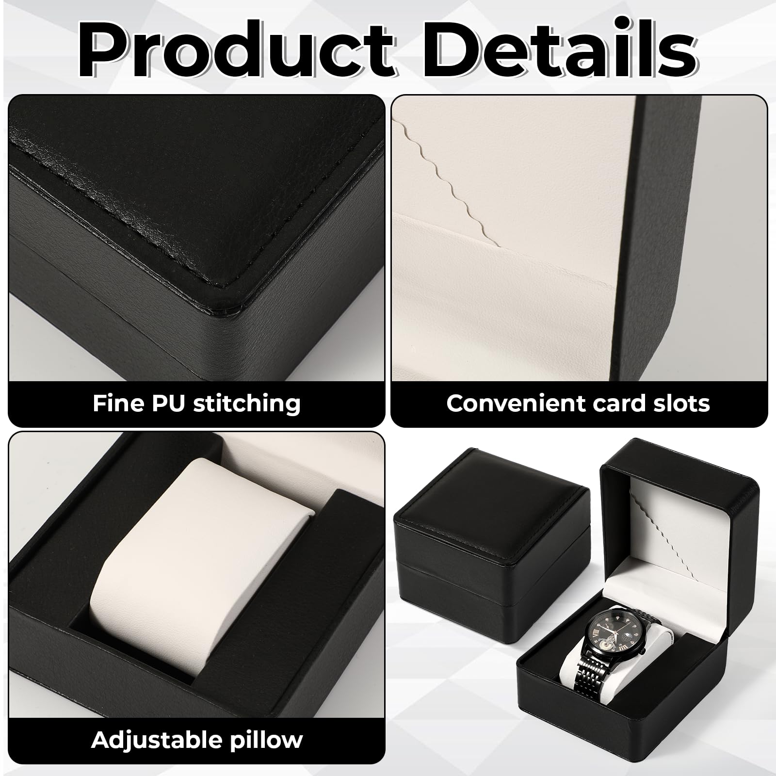 6 Pack PU Leather Watch Gift Case with Removable Pillow, Single Watch Storage Case, Portable Black Wristwatch Display Box with a Card Pocket, Single Wristwatch Organizer for Women and Men