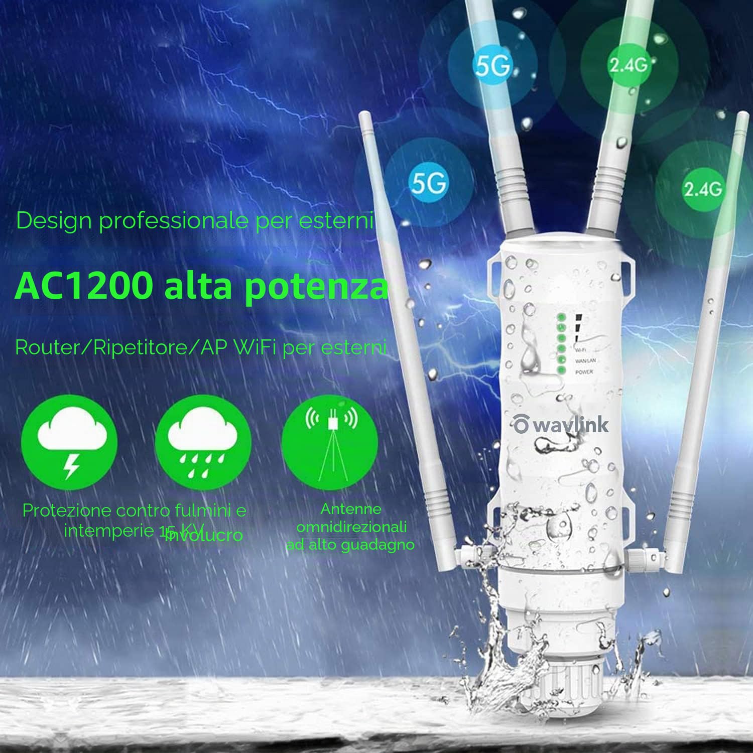 Dual-Band 2.4+5G 1200Mbps Outdoor Access Point Outdoor/Ripetitore WiFi Potente/Wireless Amplificatore WiFi/Mesh WiFi Extender (RJ45, 1xGigabit PoE LAN-Port, 802.11AC, 4 Antenne Esterne, WN572HP3)