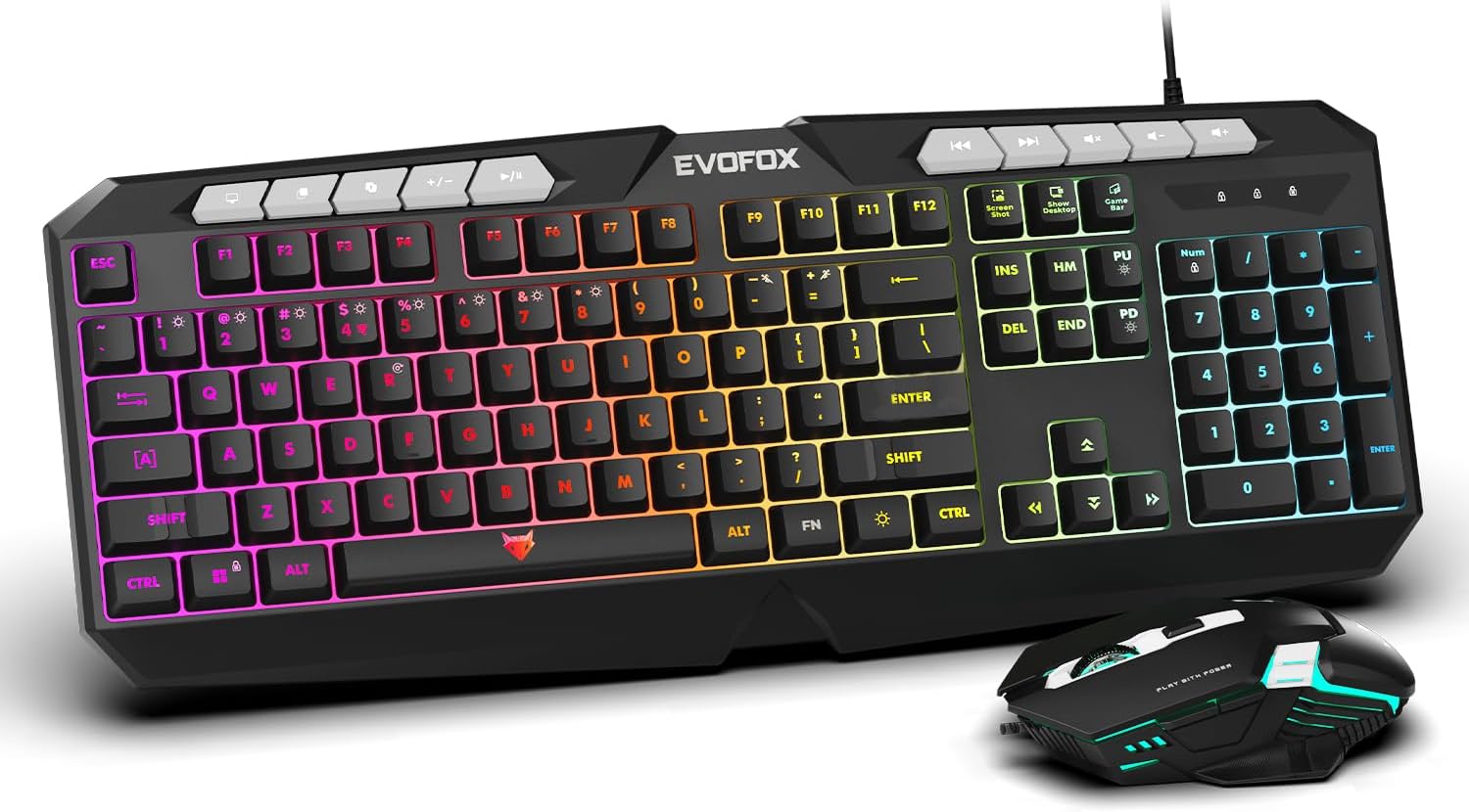 EvoFox Deathray V2 Gaming Keyboard and Mouse Combo | 6 Zone RGB Backlighting, 19 Anti Ghosting Keys, Membrane Keys, Ergonomic, Full-Size | 6 Buttons, 7 Color LED Lighting, Upto 3600DPI (Wired)