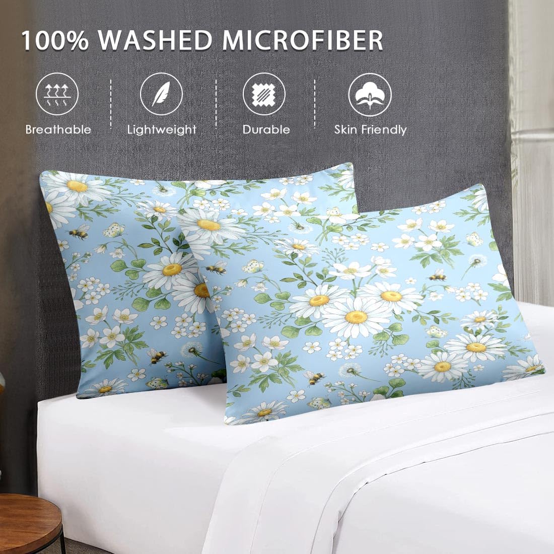 WeCozy Queen Size Comforter Set with 2 Pillowcases, Wildflower Daisy Flower Floral Soft 3 Pcs Bedding for Kids and Adults Bedroom Bed Decor