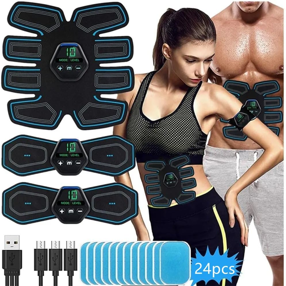 Abs Stimulator EMS Muscle Stimulator,Safty Effective Quick EMS Muscle Trainer, Full-body Workout ABS Trainer, 10 Modes & 20Intensities, 24pcs Replacement Hydrogels