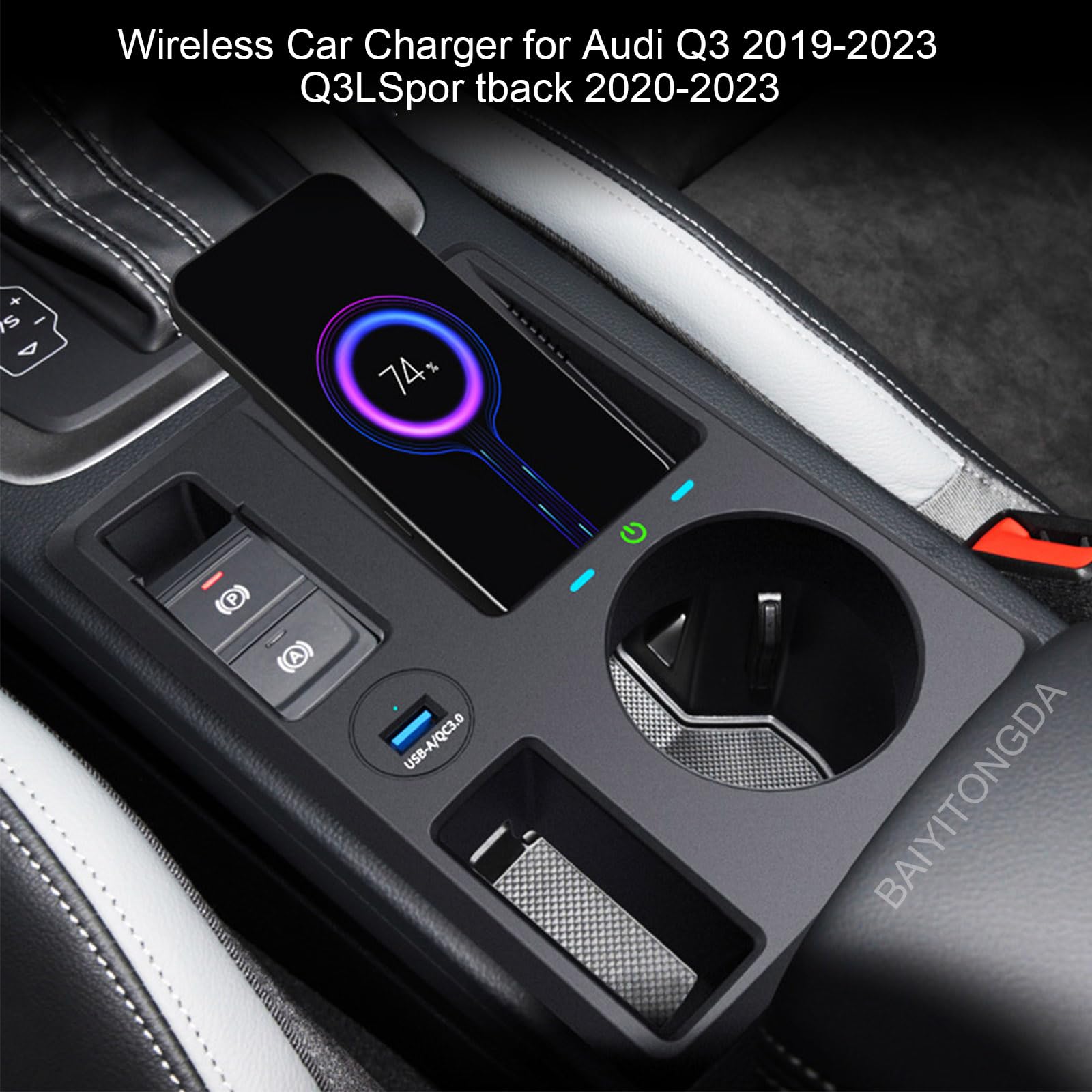 Bezprzewodowa ładowarka samochodowa do Audi Q3 2019-2023, Q3 Sportback 2020-2023, 15W QI Szybka ładowarka do ładowarki z portem USB QC3.0 dla telefonów QI