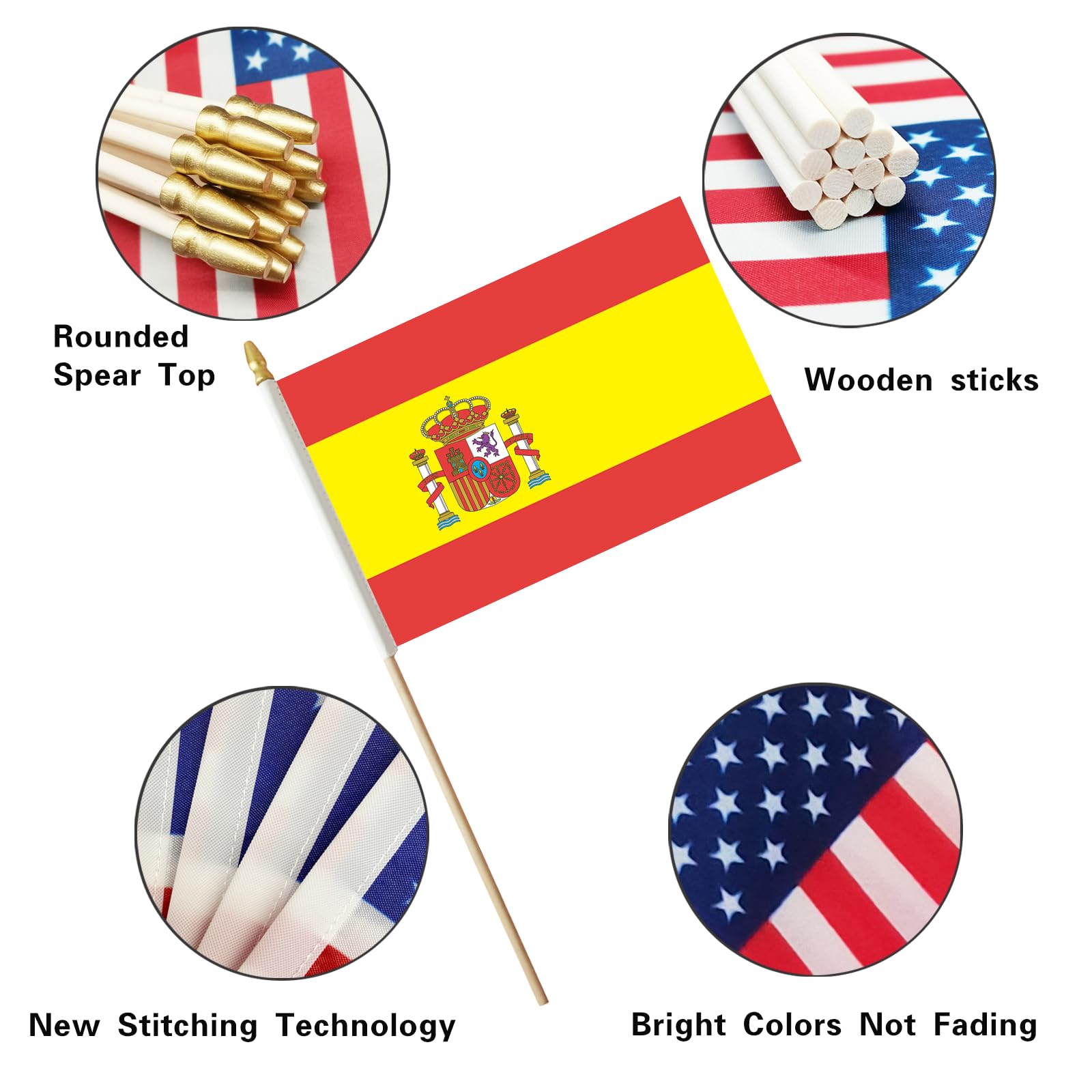 WEITBF Mini-Flaggen Set – 12 Stück, 20,3x30,5 Cm, Mit Holzstab & Speerspitze, Spanien-Flagge