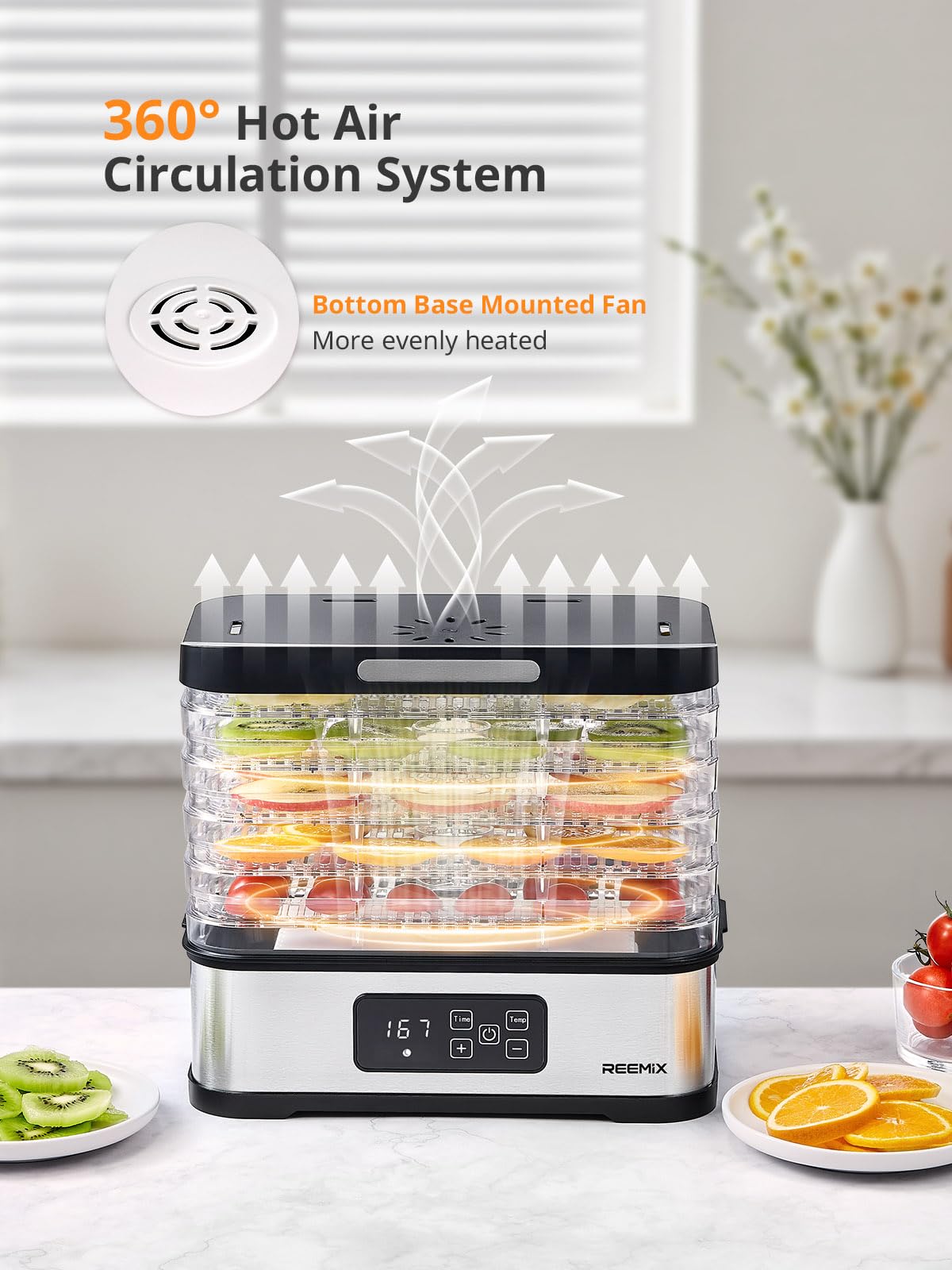 Dörrautomat mit 5 Etagen, Edelstahl-Basis, Digitaler Touch-Display für Präzise Temperatur & Zeitsteuerung, Kompakter Obsttrockner für Dörrfleisch, Obst, Gemüse und Kräuter (White)