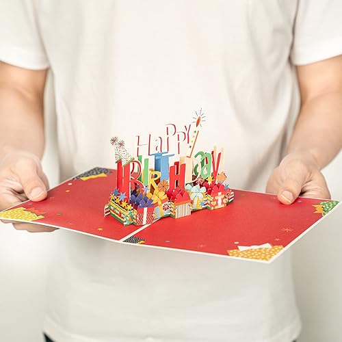 Vista 11 de WRAPAHOLIC Tarjeta de cumpleaños desplegable – Tarjeta emergente 3D con purpurina para pastel de cumpleaños, vela, 5.9 pulgadas x 7.9 pulgadas