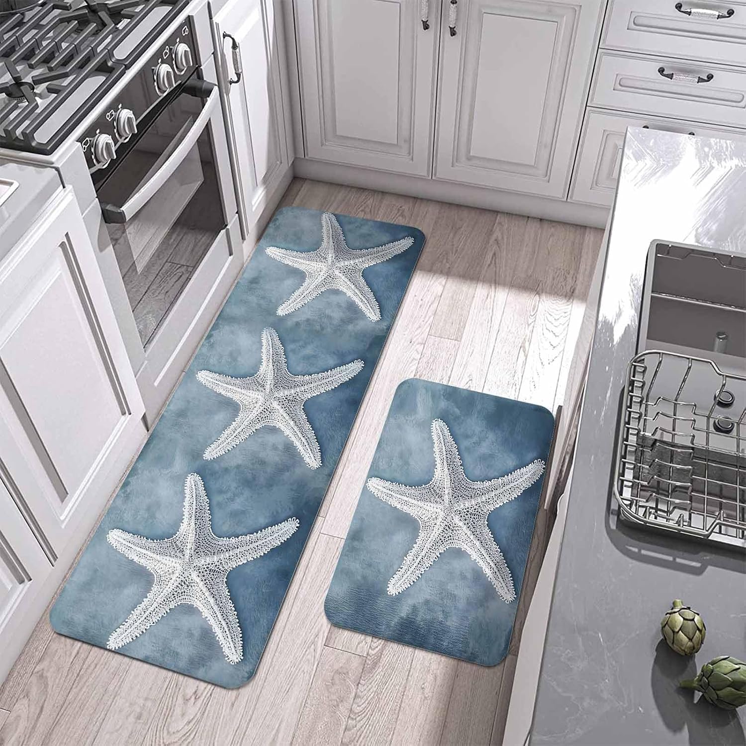 Prime Leader White Starfish Kitchen Mat Set 2 Pieces Summer Ocean Marine Life Dark Blue Non Slip Kitchen Rugs Washable Runner Rug Mats for Floor Sink Laundry Office 19.7" x 31.5"+19.7" x 63"