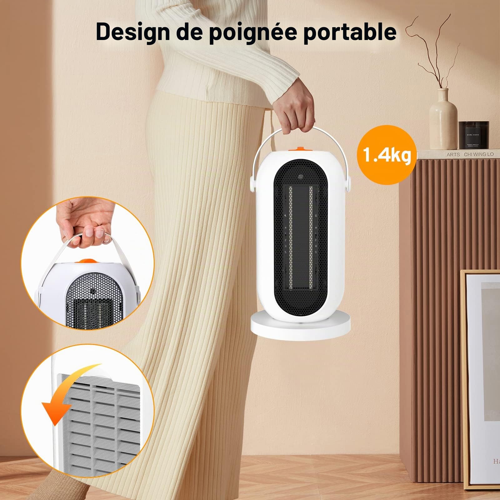Chauffage Soufflant Électrique, PTC Radiateur Soufflant 1500W Chauffage d'appoint, 90° Oscillation, 3 Modes, Portatif Chauffage Economie d'énergie, pour Salon, Chambre et Bureau