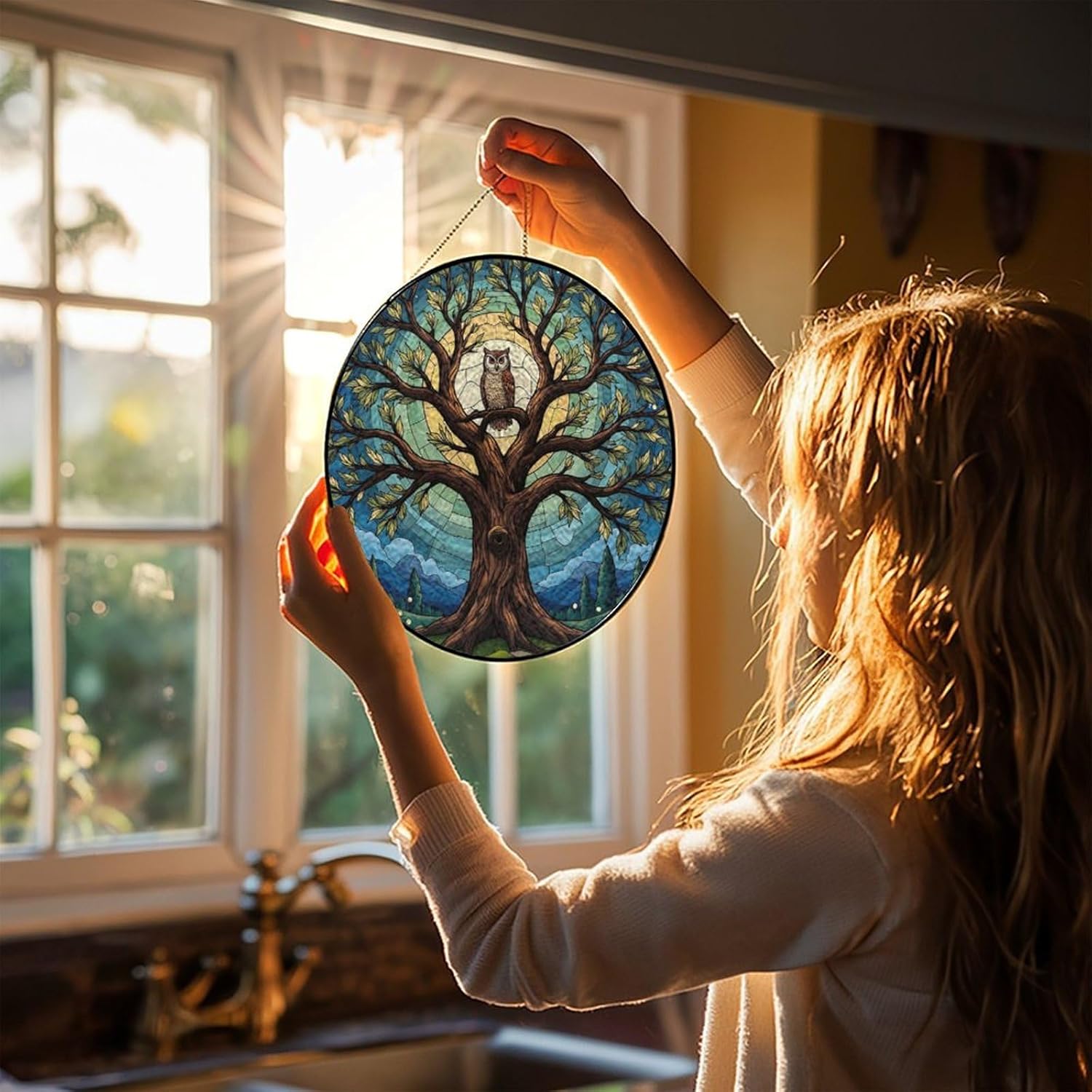 Stained Glass Window Hanging,Owl in Moonlit Tree Sun Catchers for Window Door Home Decor Suncatcher Christmas, Mother's Day, Birthday, Gifts for Women, Men 3.5x3.5in(9x9cm) - Image 5