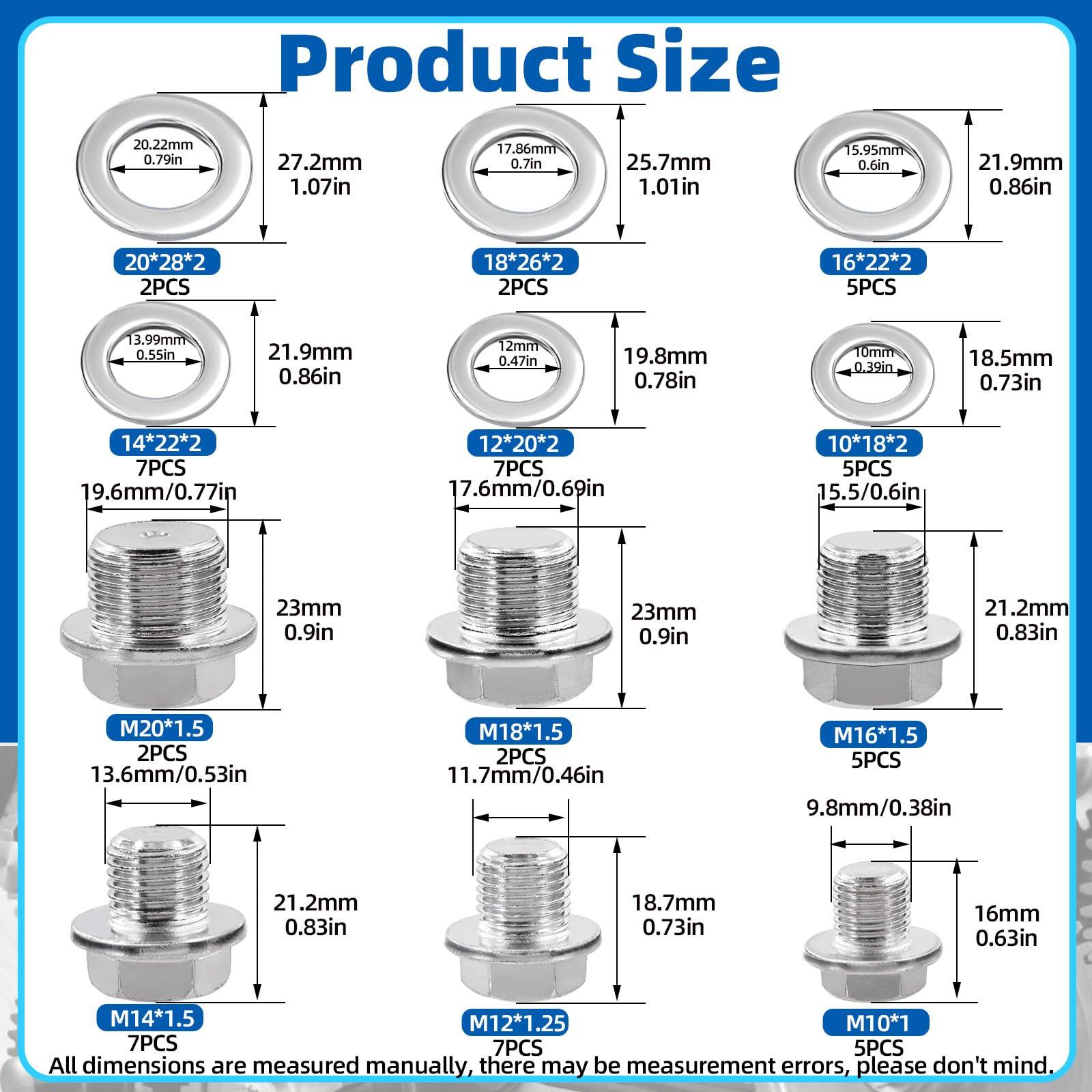 Glarks 1 pcs M10/M12/M14/M16/M18/M20 Automotive Oil Drain Plug e guarnizioni, 28 pezzi Crush Set compatibile con Jeep GM Ford Toyota